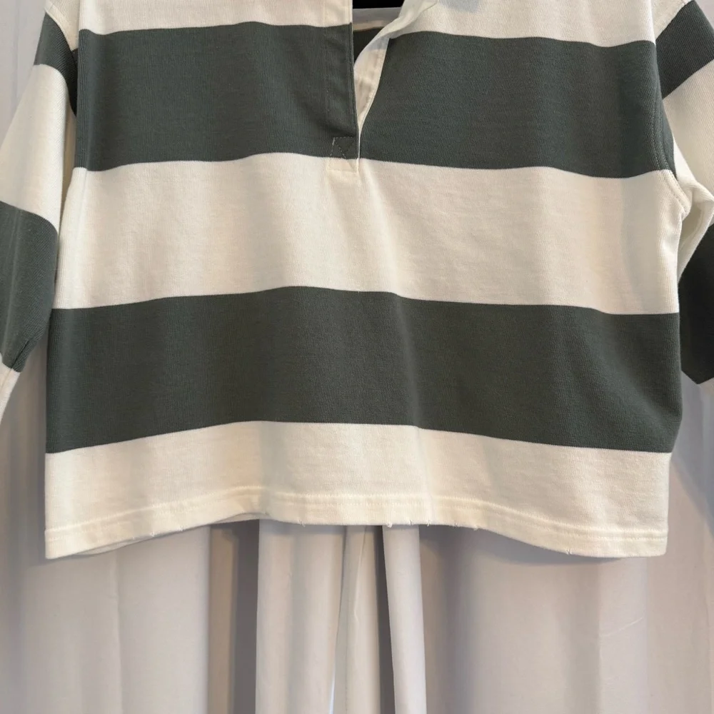 Aerie Striped Cropped Rugby Shirt Sporty Prep Oversized Womens XS Green White - Picture 6 of 13